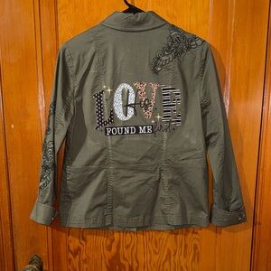 Chico's Olive Green Jean Jacket with Embroidered Details
